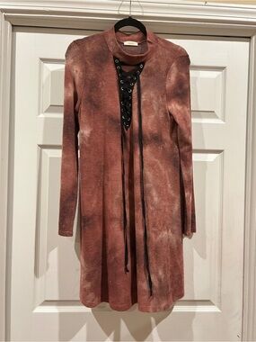 ODDY Long Sleeve Lace-Up Tie Rust-Pink Dress